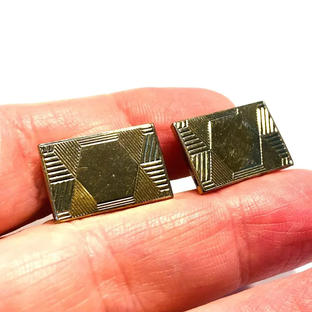 Vintage Cufflinks Textured Geometric Goldtone Rectangles Engravable Mens Jewelry